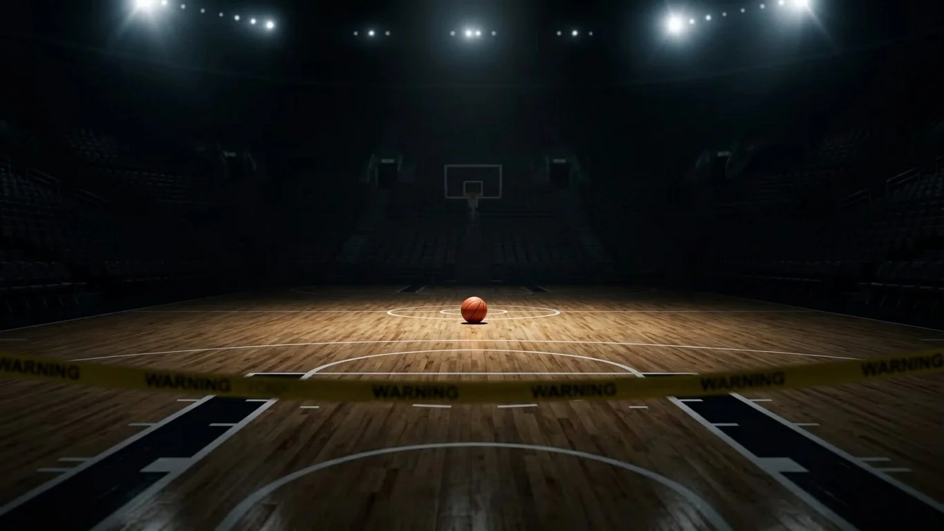 NBA basketball court under investigation lights, symbolising the 2025 betting scandal