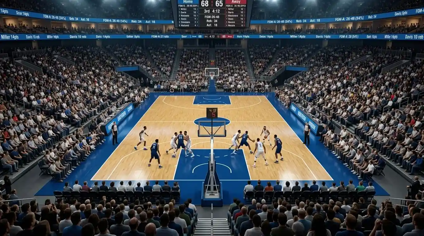 NBA basketball game in progress with player performance data overlays representing live prop bet markets