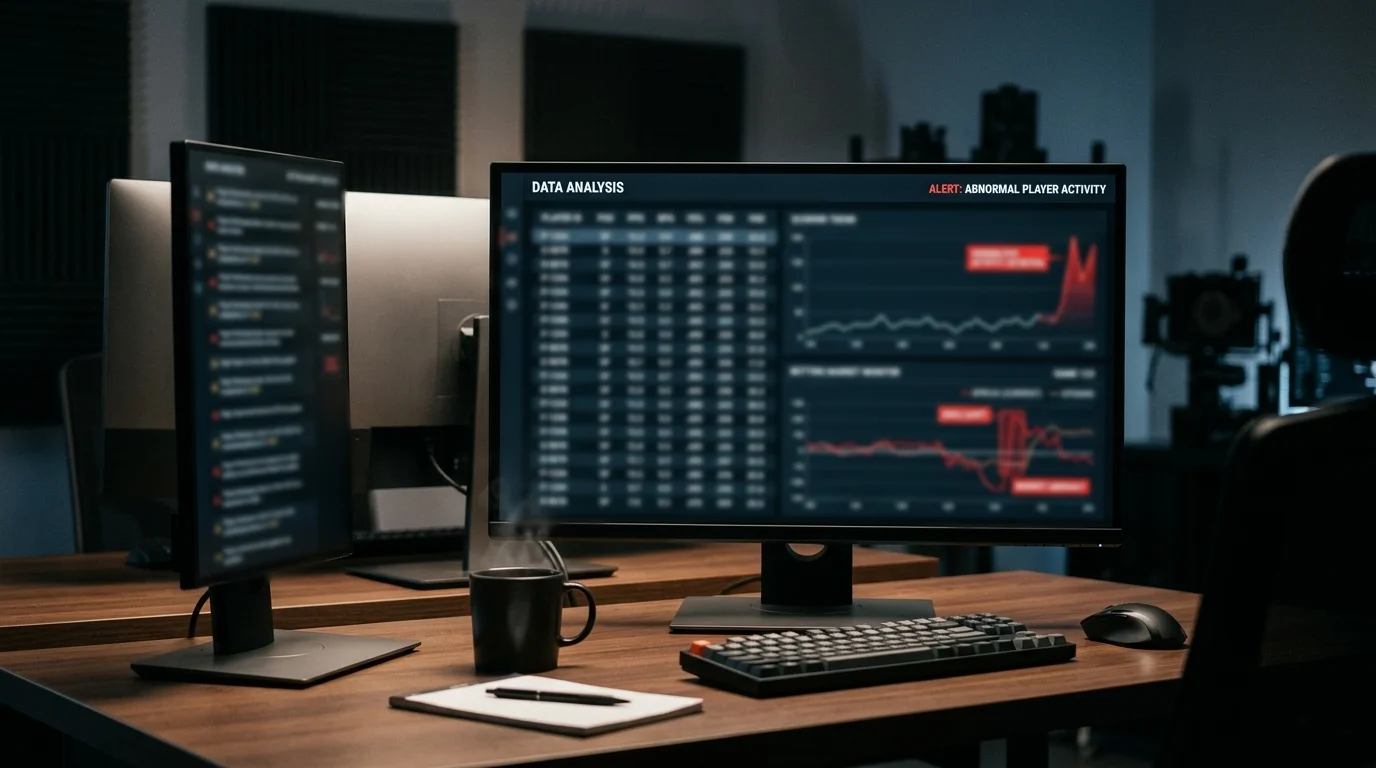 Basketball player performance statistics displayed on a sportsbook monitoring screen showing suspicious betting activity