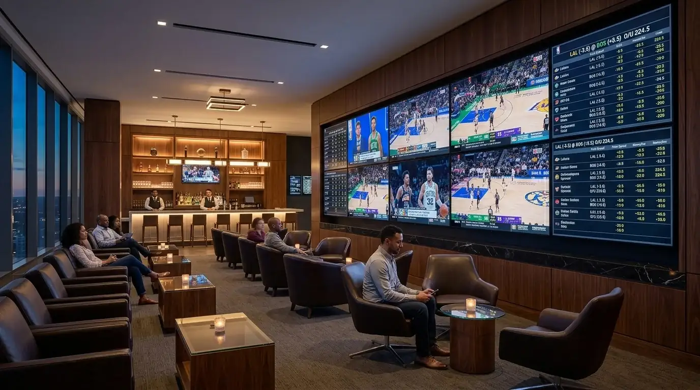 Panoramic view of a major US sportsbook operations floor with trading screens showing NBA betting lines